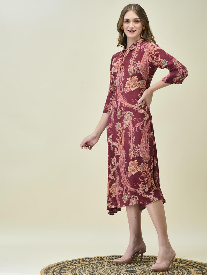 Women Crepe Burgundy Paisley Print Dress.