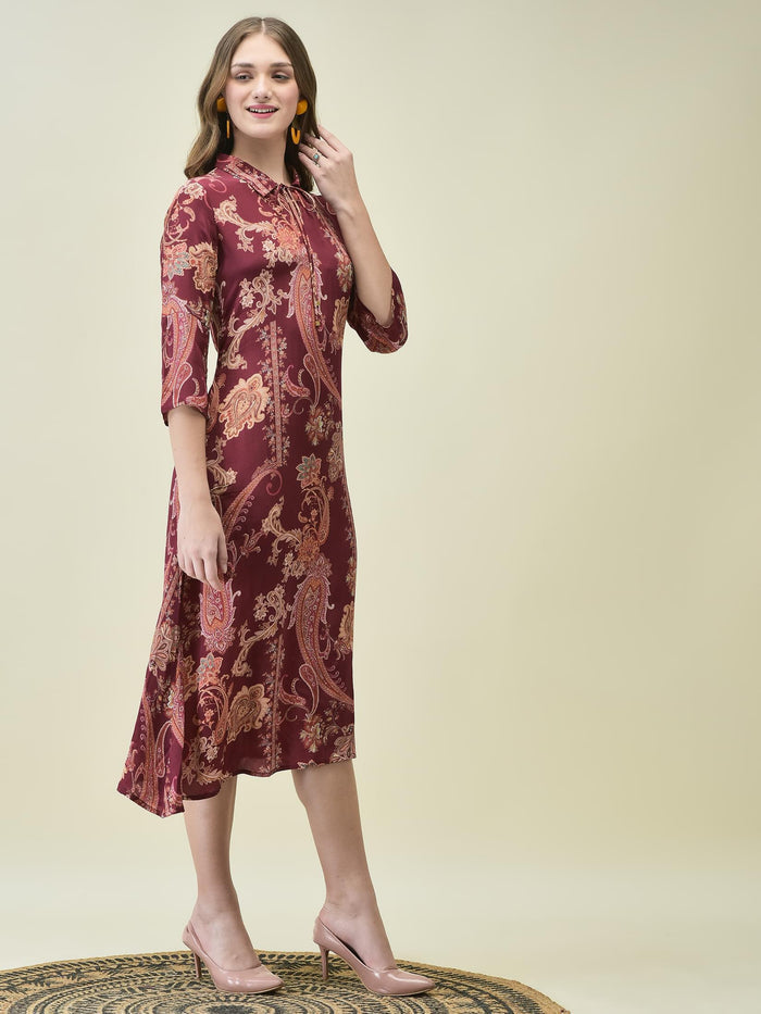 Women Crepe Burgundy Paisley Print Dress.