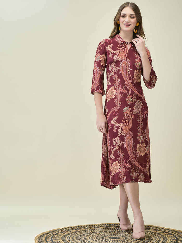 Women Crepe Burgundy Paisley Print Dress.