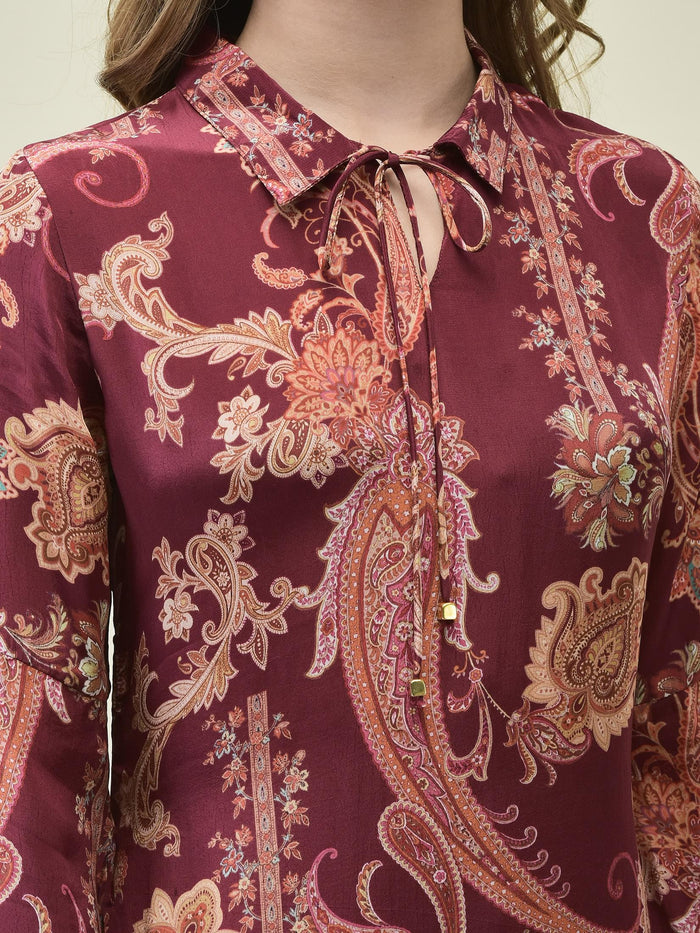 Women Crepe Burgundy Paisley Print Dress.