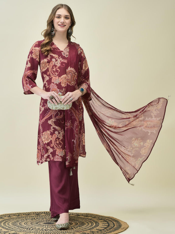 Women Crepe Burgundy Paisley Print Kurta Bell Bottom Pant Dupatta.
