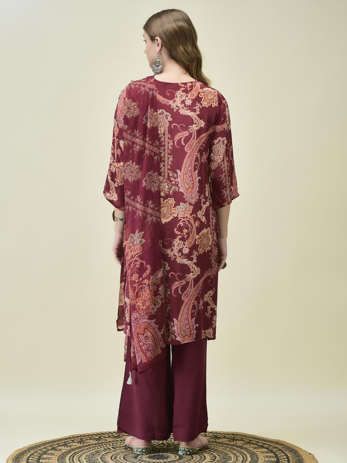Women Crepe Burgundy Paisley Print Kurta Bell Bottom Pant Dupatta.