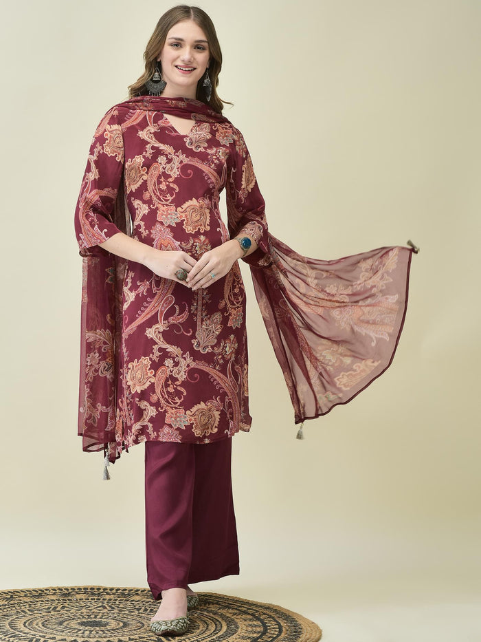 Women Crepe Burgundy Paisley Print Kurta Bell Bottom Pant Dupatta.