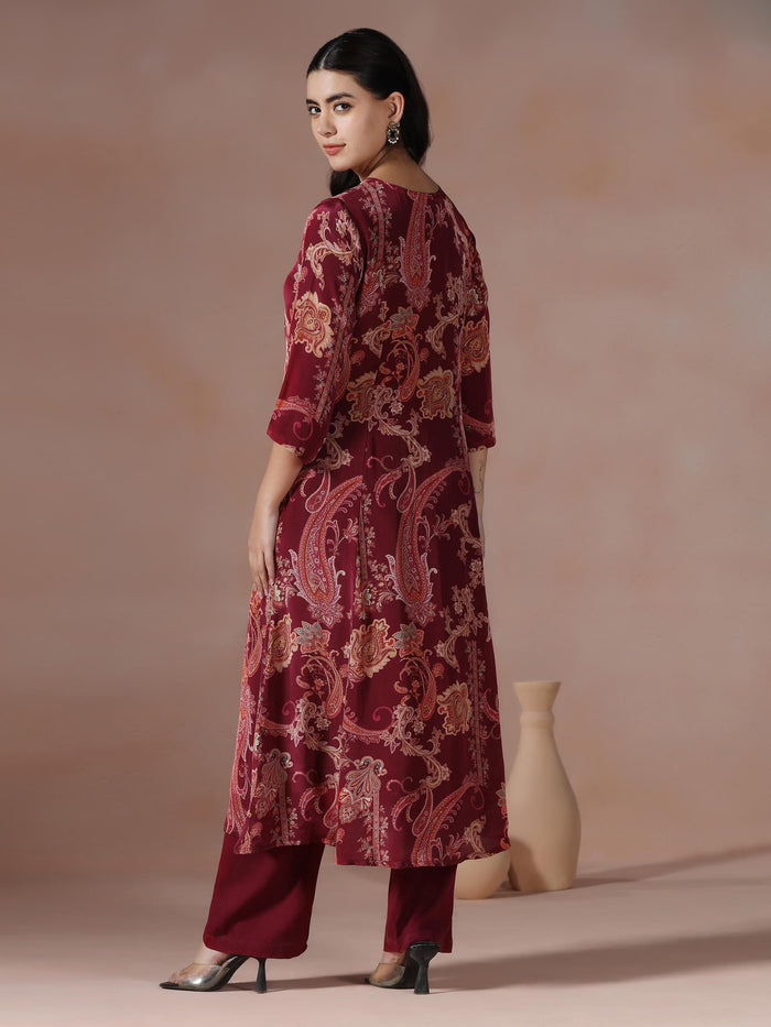Women Crepe Burgundy Printed Kurta With Comfort Pant.