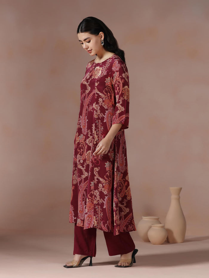 Women Crepe Burgundy Printed Kurta With Comfort Pant.