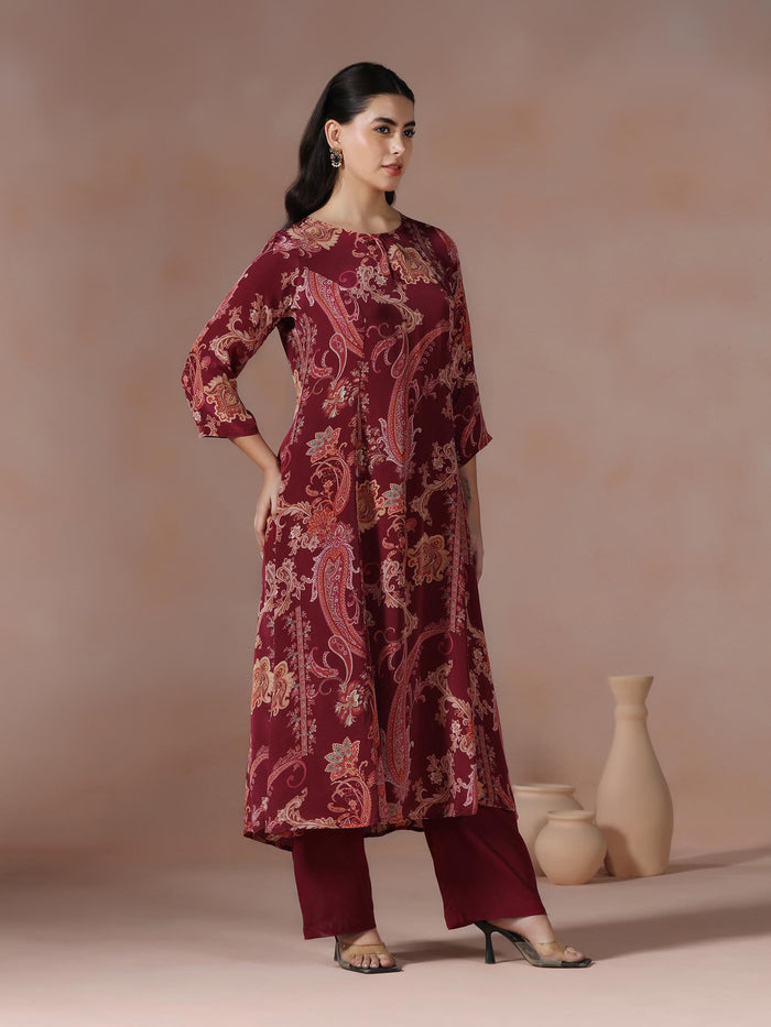 Women Crepe Burgundy Printed Kurta With Comfort Pant.