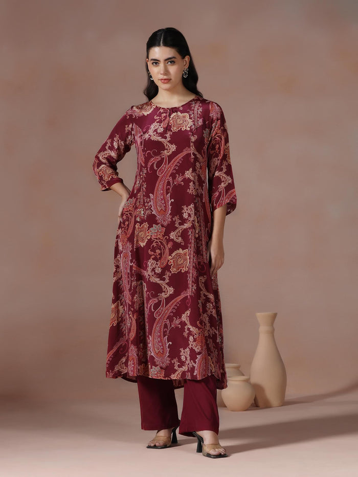 Women Crepe Burgundy Printed Kurta With Comfort Pant.