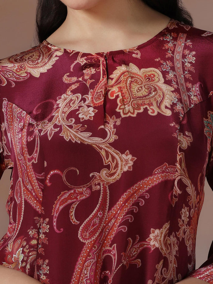 Women Crepe Burgundy Printed Kurta With Comfort Pant.