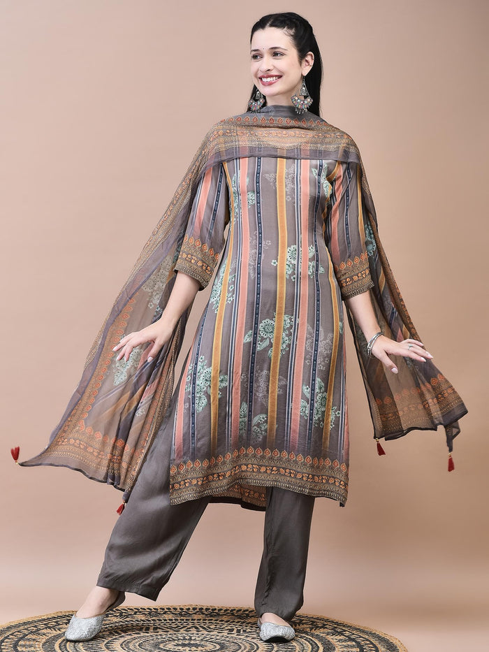 Women Crepe Grey Floral Print Kurta Comfort Pant Dupatta.