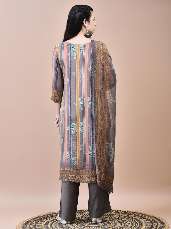 Women Crepe Grey Floral Print Kurta Comfort Pant Dupatta.