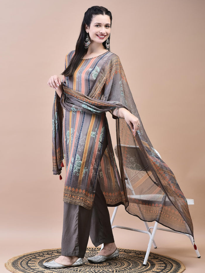 Women Crepe Grey Floral Print Kurta Comfort Pant Dupatta.