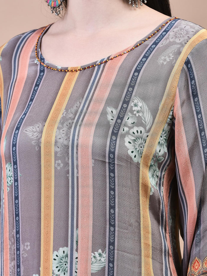 Women Crepe Grey Floral Print Kurta Comfort Pant Dupatta.