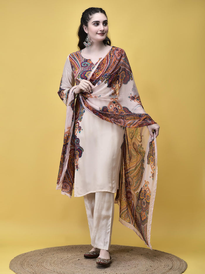Women Crepe Off White Paisley Print Kurta Comfort Pant Dupatta.