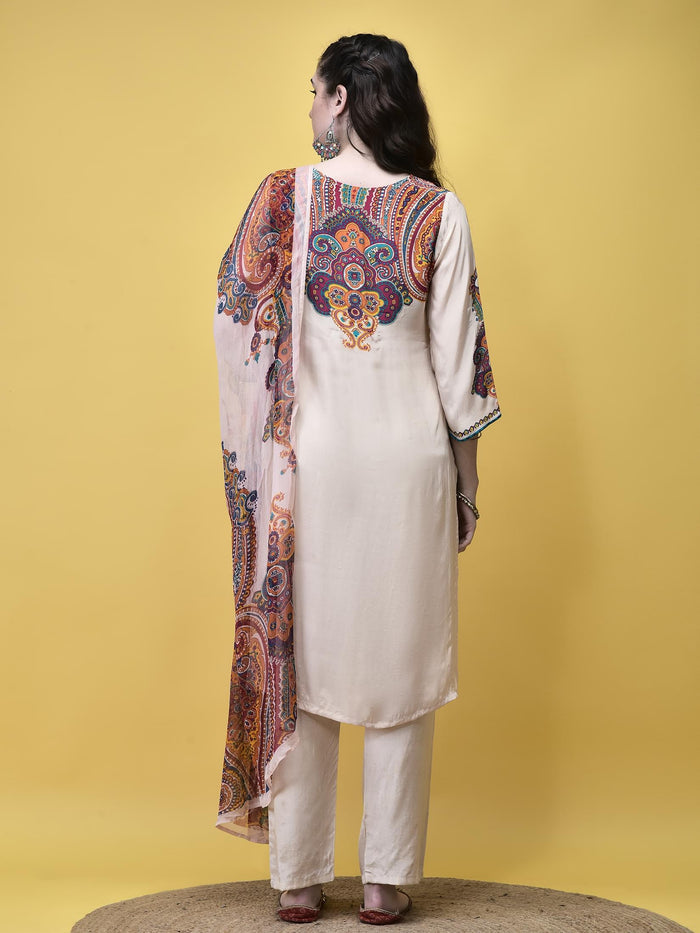 Women Crepe Off White Paisley Print Kurta Comfort Pant Dupatta.