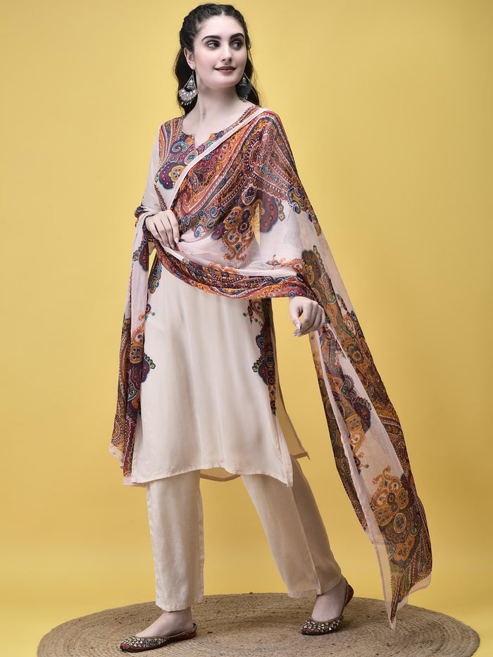 Women Crepe Off White Paisley Print Kurta Comfort Pant Dupatta.