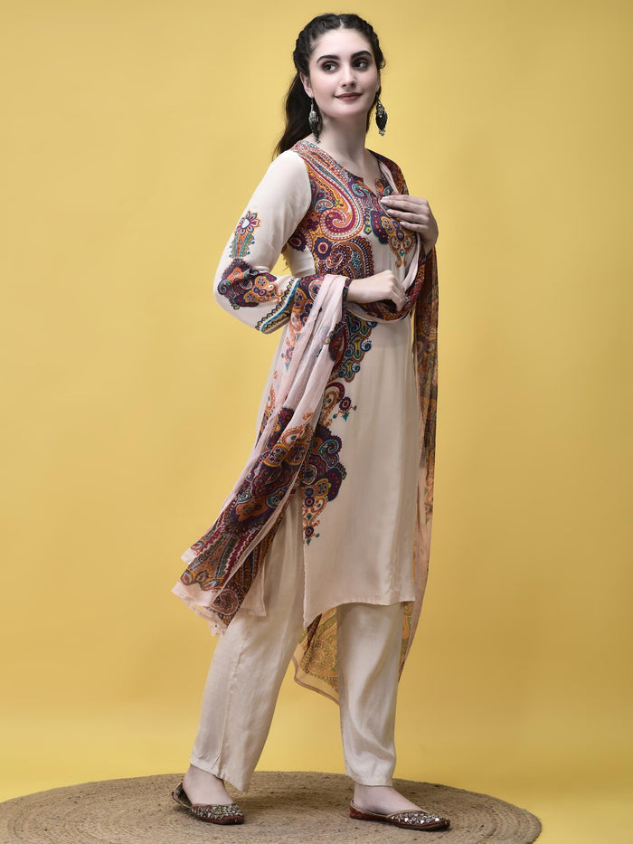Women Crepe Off White Paisley Print Kurta Comfort Pant Dupatta.