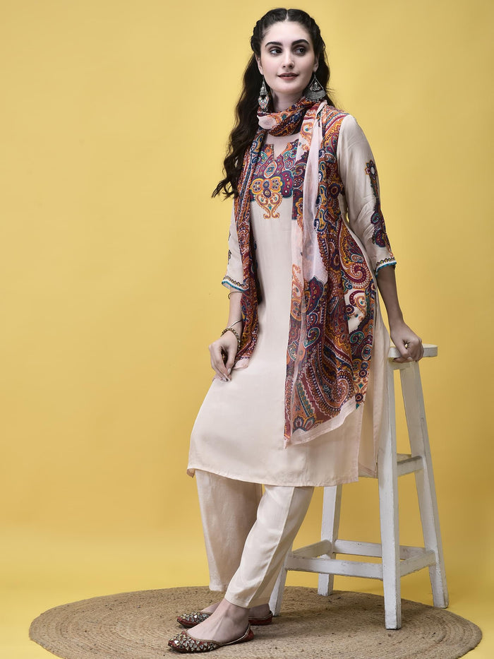 Women Crepe Off White Paisley Print Kurta Comfort Pant Dupatta.