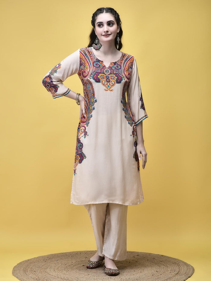 Women Crepe Off White Paisley Print Kurta Comfort Pant Dupatta.
