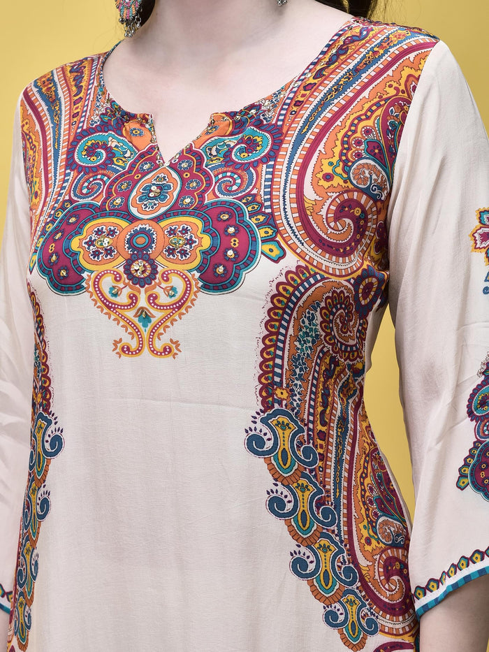 Women Crepe Off White Paisley Print Kurta Comfort Pant Dupatta.