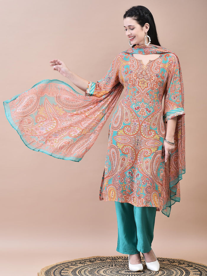 Women Crepe Orange Paisley Print Kurta Comfort Pant Dupatta.