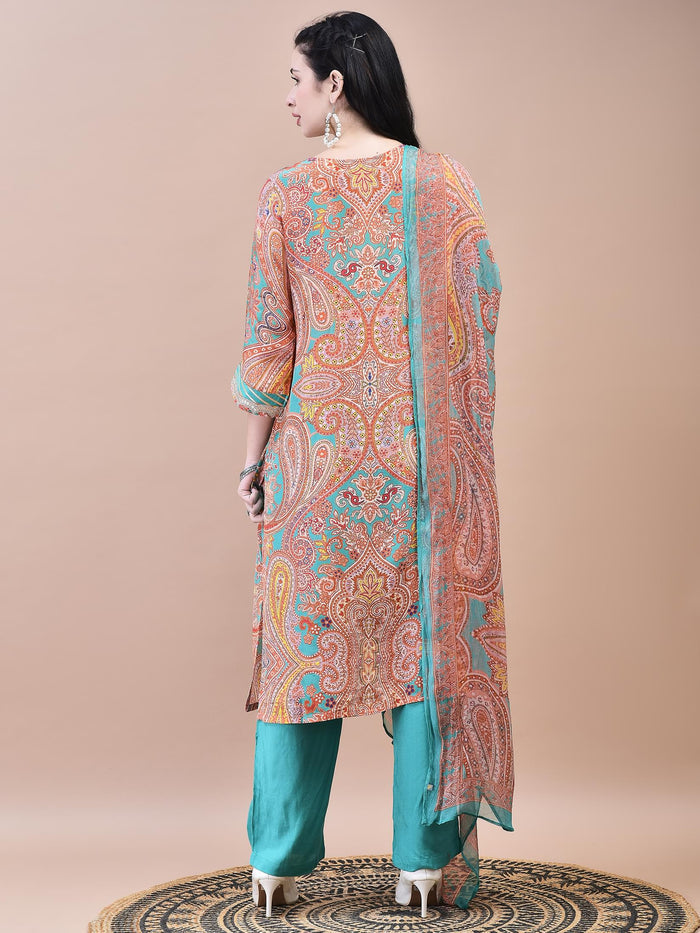 Women Crepe Orange Paisley Print Kurta Comfort Pant Dupatta.