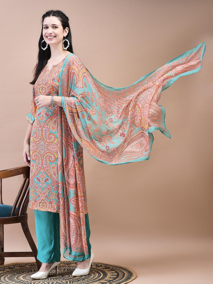 Women Crepe Orange Paisley Print Kurta Comfort Pant Dupatta.