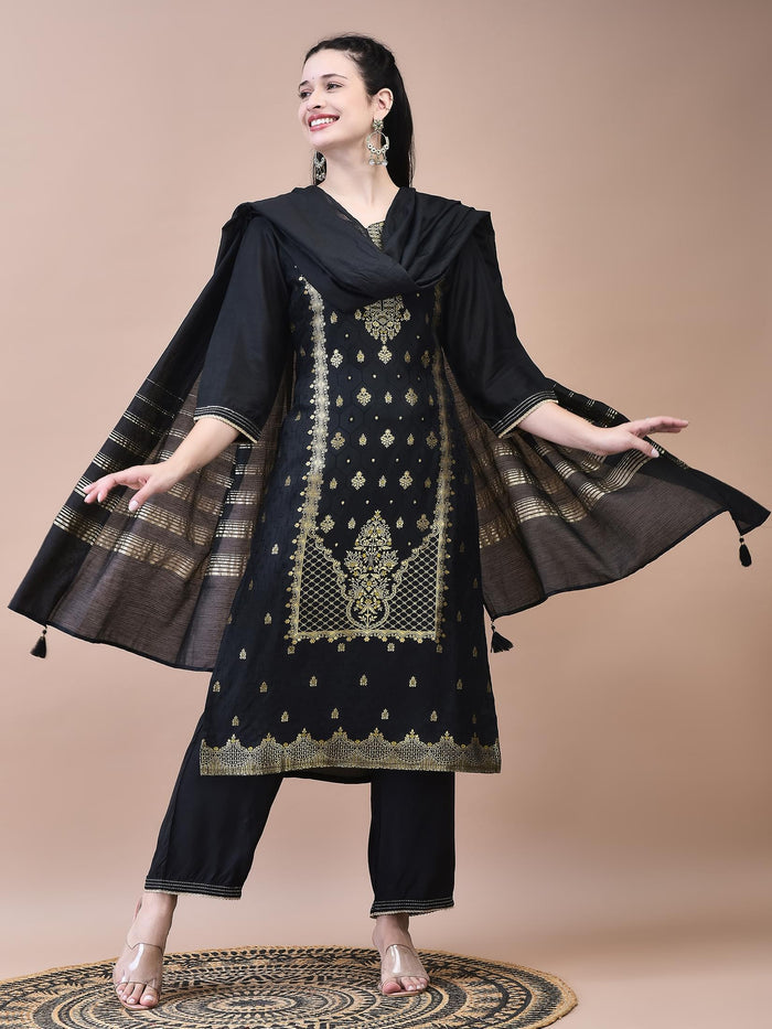 Women Dola Jacquard Black Woven Kurta Comfort Pant Dupatta.