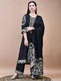 Women Dola Jacquard Black Woven Kurta Comfort Pant Dupatta.