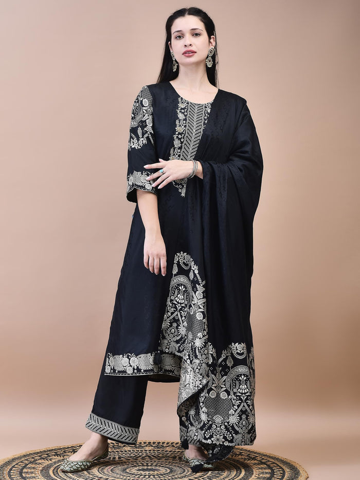 Women Dola Jacquard Black Woven Kurta Comfort Pant Dupatta.