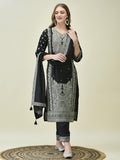 Women Dola Jacquard Black Woven Kurta Comfort Pant Dupatta.