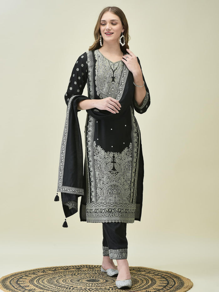 Women Dola Jacquard Black Woven Kurta Comfort Pant Dupatta.