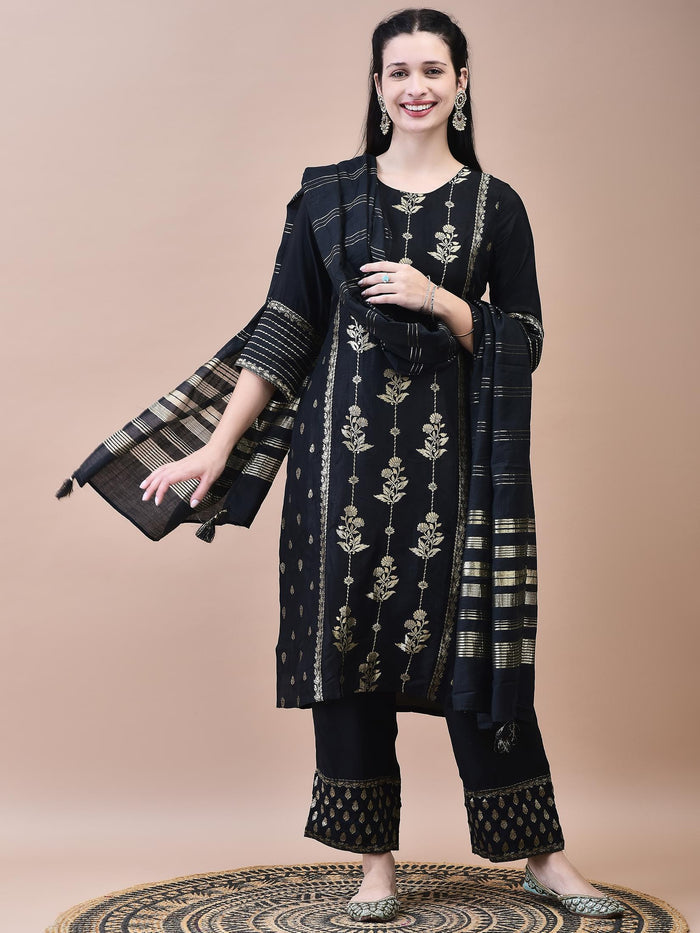 Women Dola Jacquard Black Woven Kurta Comfort Pant Dupatta.