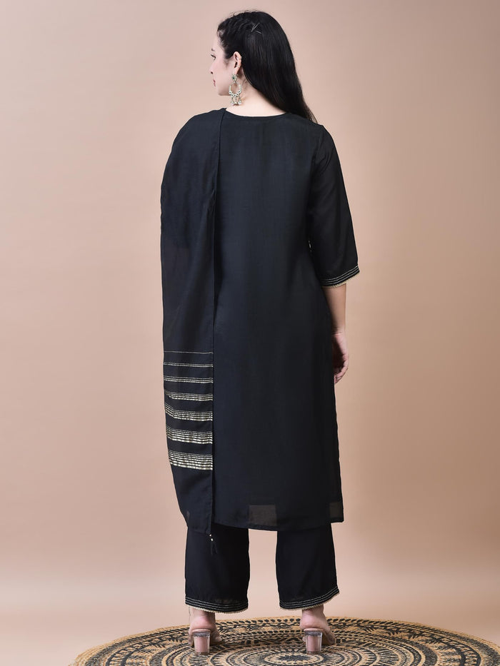 Women Dola Jacquard Black Woven Kurta Comfort Pant Dupatta.