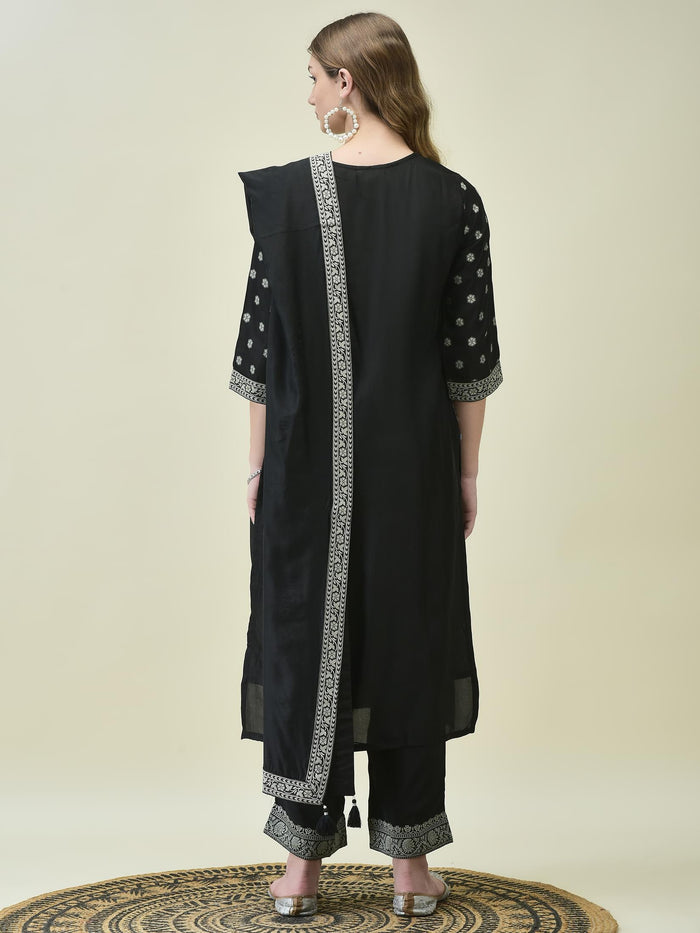 Women Dola Jacquard Black Woven Kurta Comfort Pant Dupatta.