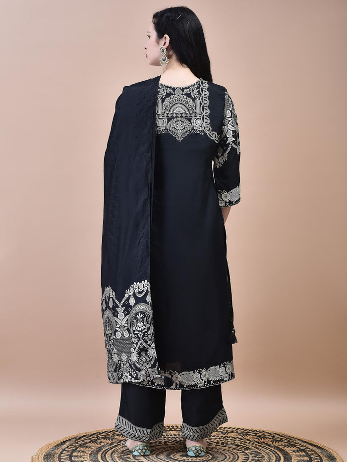 Women Dola Jacquard Black Woven Kurta Comfort Pant Dupatta.
