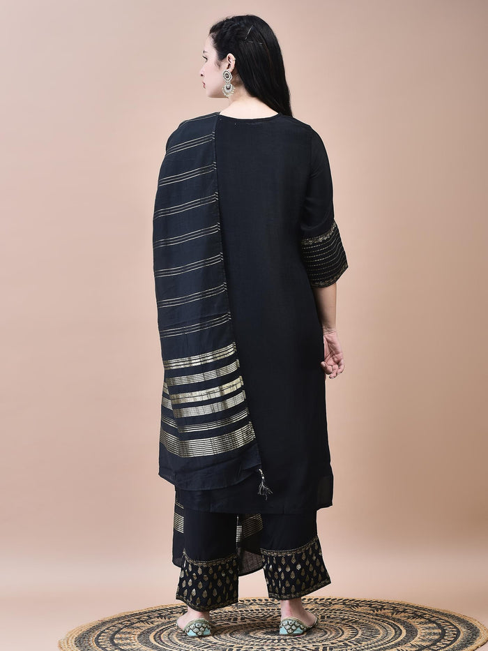 Women Dola Jacquard Black Woven Kurta Comfort Pant Dupatta.