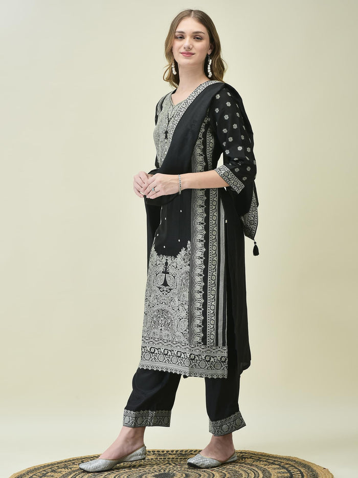 Women Dola Jacquard Black Woven Kurta Comfort Pant Dupatta.