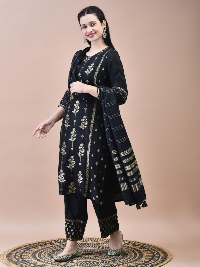Women Dola Jacquard Black Woven Kurta Comfort Pant Dupatta.