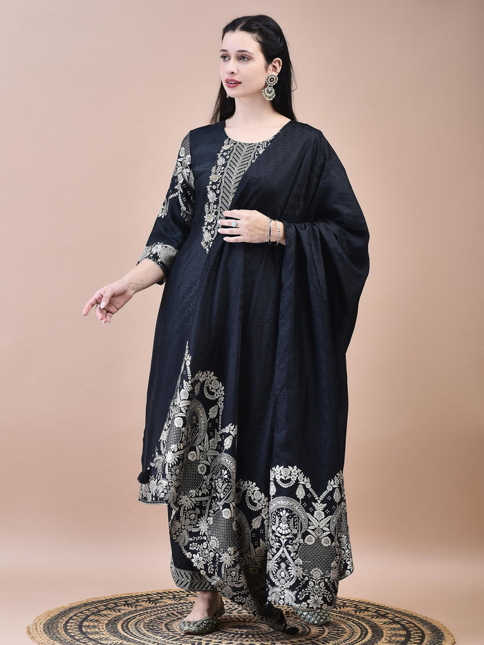 Women Dola Jacquard Black Woven Kurta Comfort Pant Dupatta.
