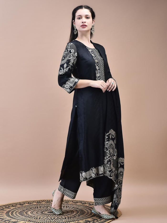 Women Dola Jacquard Black Woven Kurta Comfort Pant Dupatta.