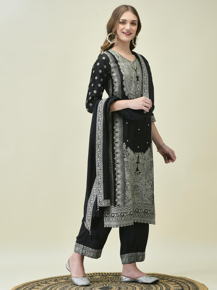 Women Dola Jacquard Black Woven Kurta Comfort Pant Dupatta.