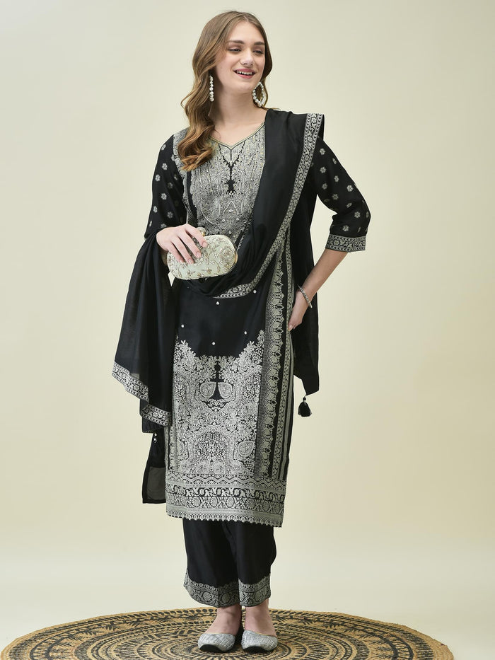 Women Dola Jacquard Black Woven Kurta Comfort Pant Dupatta.