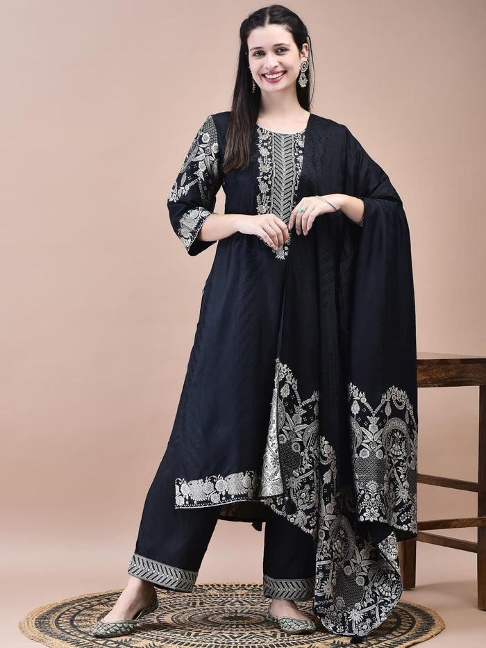 Women Dola Jacquard Black Woven Kurta Comfort Pant Dupatta.