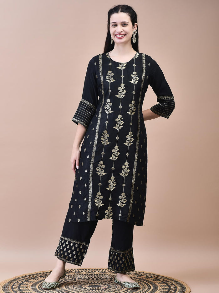 Women Dola Jacquard Black Woven Kurta Comfort Pant Dupatta.