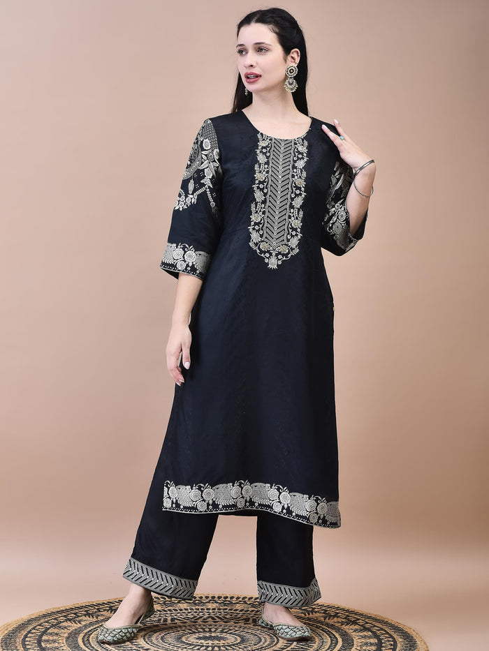 Women Dola Jacquard Black Woven Kurta Comfort Pant Dupatta.