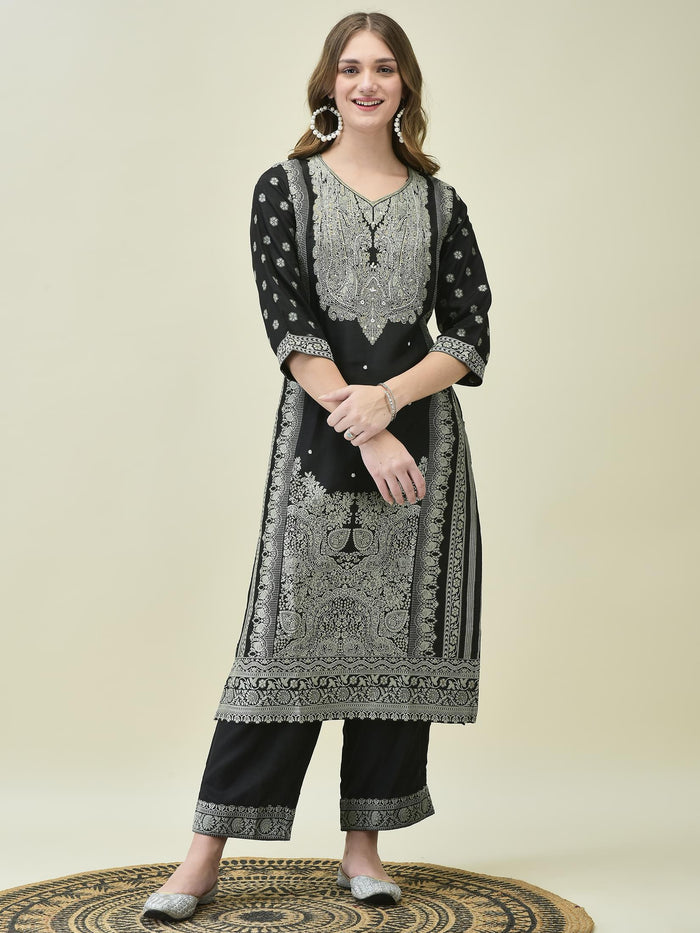 Women Dola Jacquard Black Woven Kurta Comfort Pant Dupatta.