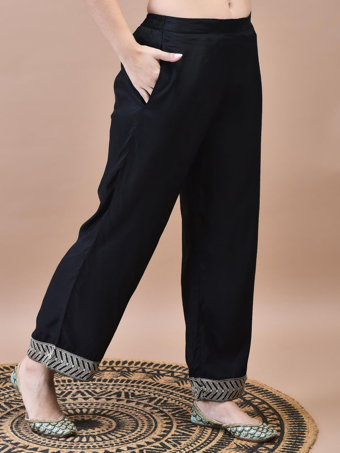Women Dola Jacquard Black Woven Kurta Comfort Pant Dupatta.