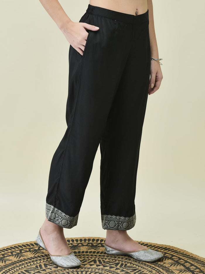 Women Dola Jacquard Black Woven Kurta Comfort Pant Dupatta.