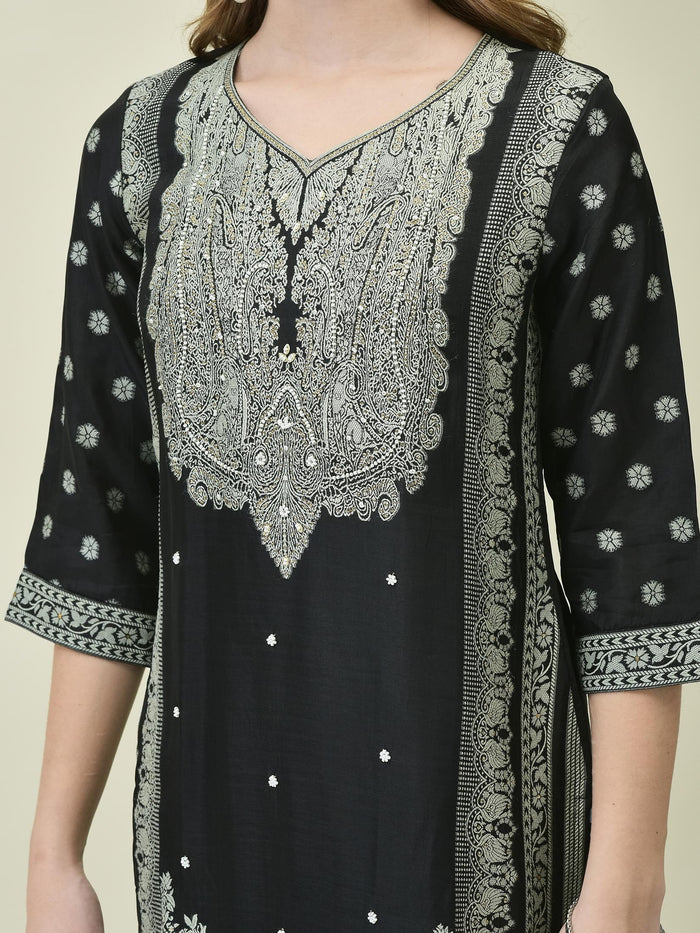 Women Dola Jacquard Black Woven Kurta Comfort Pant Dupatta.