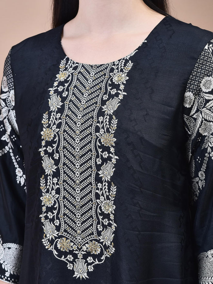 Women Dola Jacquard Black Woven Kurta Comfort Pant Dupatta.